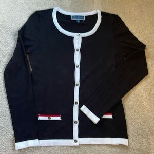 Karen Scott Black Cardigan with Red and White Trim.